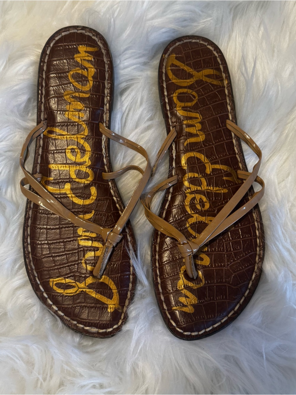Sam Edelman Brown Croc-Embossed Footbed with Tan Patent Strappy Sandals